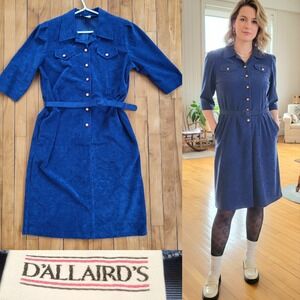 D'Allaird's Vintage‎ 80s Cobalt Blue Velvet Button Front Military Midi Dress